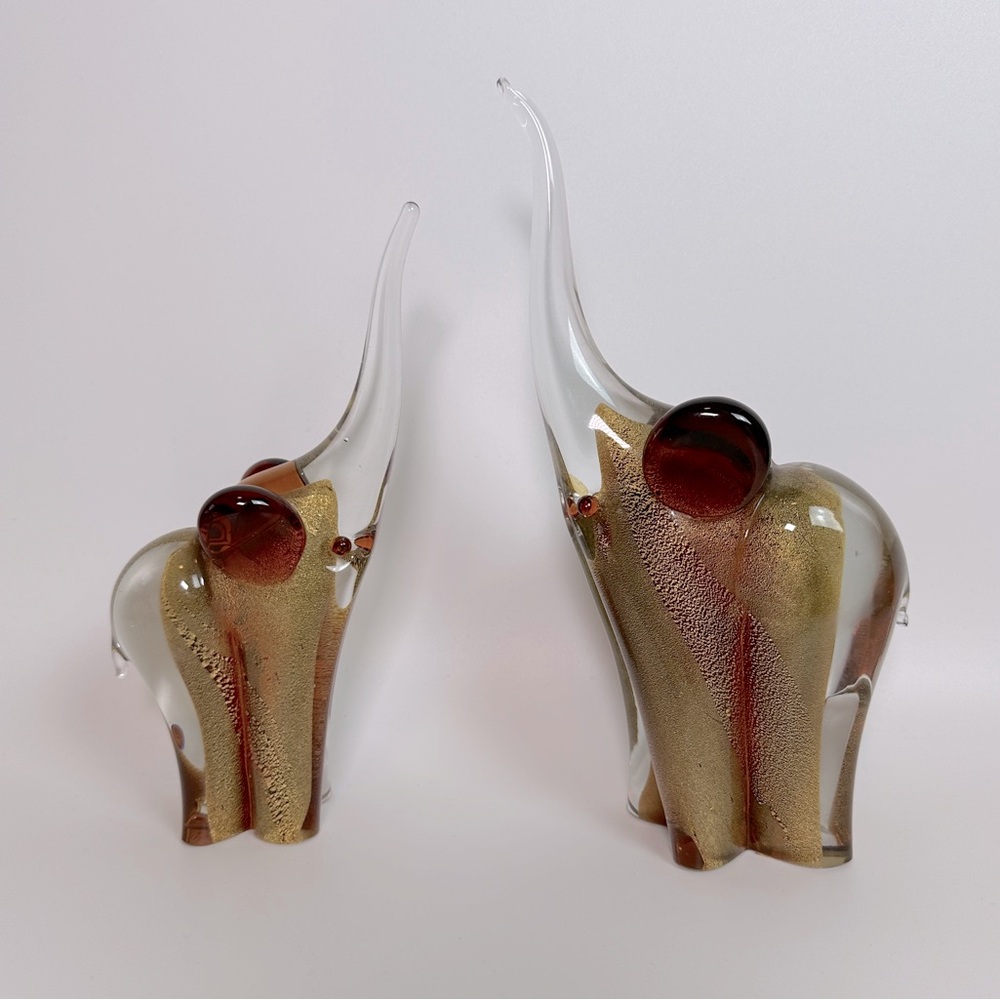 SIGNED Pair‎ of Vittorino Zane Murano Glass Elephants Gold Flecks Mama & Baby